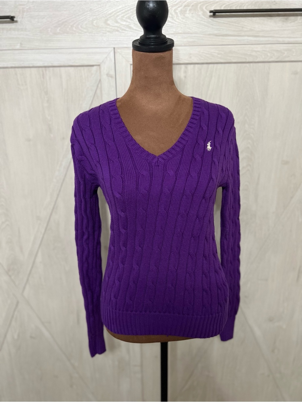 Polo Ralph Lauren Purple Cable Knit V-Neck Sweater White Pony XS
